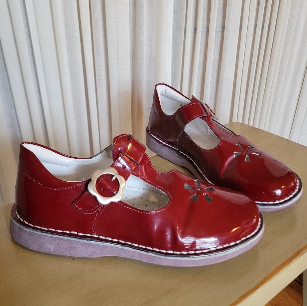 Patent leather T strap dress shoes